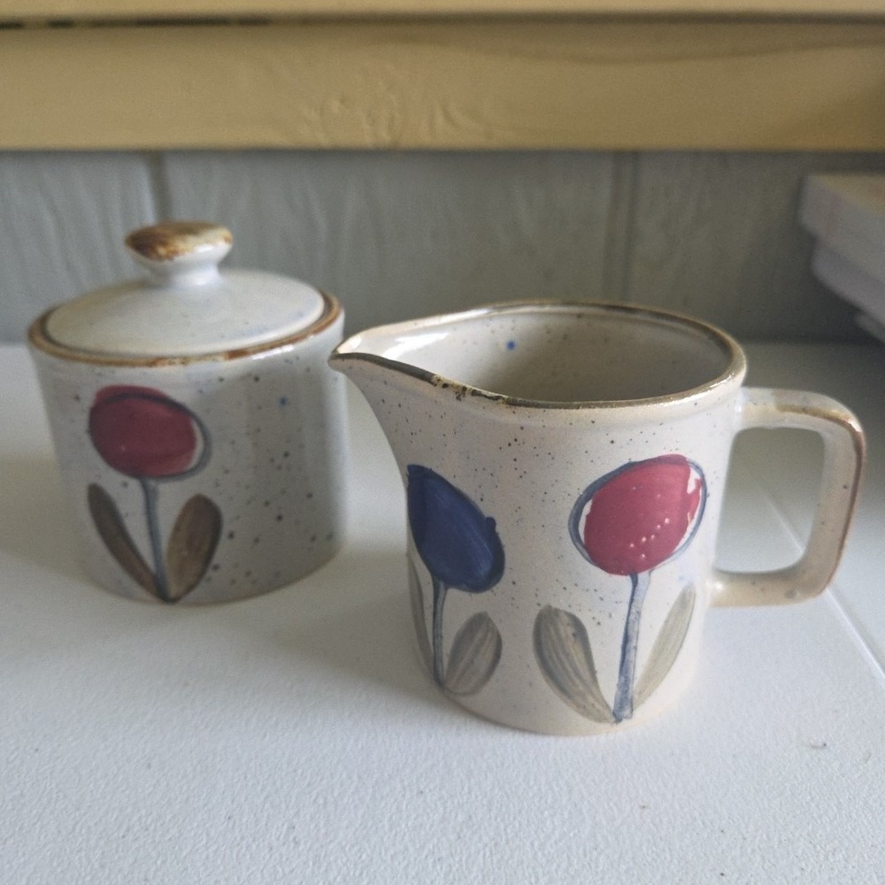 Otagiri Abstract Lollipop Flower speckled stoneware Creamer & Sugar Bowl Vintage